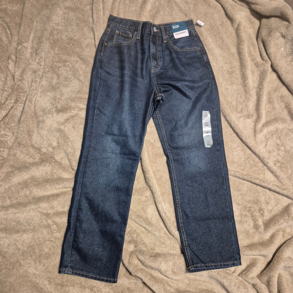 Old Navy Kids High-Rise Slouchy Straight Jeans Dark Wash Adjustable Waist 14 NWT